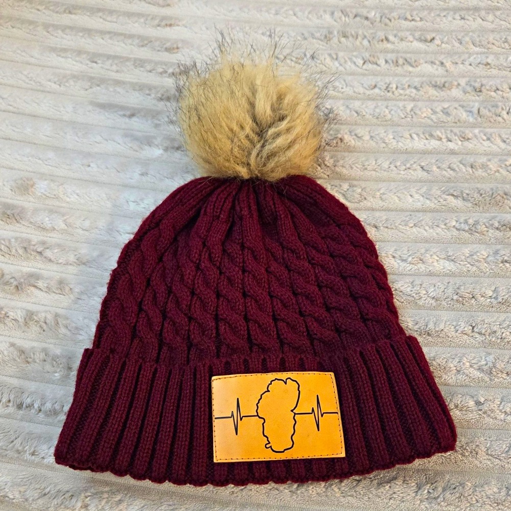 The Heartbeat Brand Lake Tahoe Maroon Cable Knit Pom Pom Beanie Hat Faux Fur OS